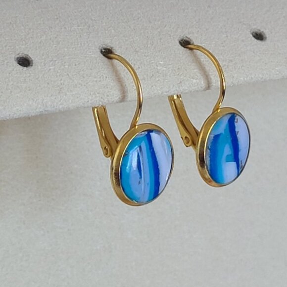Hand Crafted Boho Gold Blue White Gemstone Marble Circle Drop Dangle Earrings - Picture 6 of 14